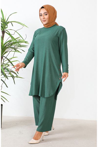 sefamerve Emerald Green Plus Size Stones Σετ τουνίκ και παντελόνι - 2658-01