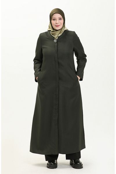sefamerve Pardesiu kaki Plus Size cu broșă - 0472-06