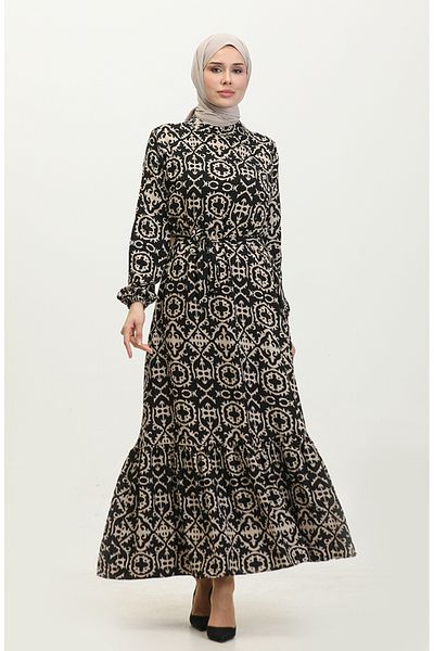sefamerve Schwarzes Viskose-Musterkleid - 0362-03