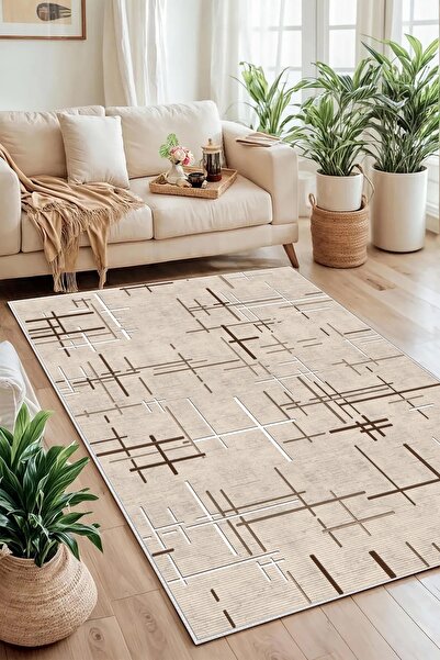 df home Salon Halısı Geometrik İskandinav Eskitmeli Dijital Baskı Yıkanabilir Kaymaz Taban 8162SALON