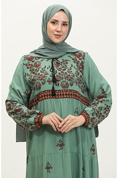 sefamerve Πράσινο Πράσινο - Φόρεμα βισκόζης με φλοράλ στάμπα 4084-04