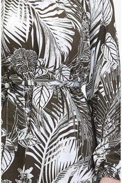 sefamerve Χακί Λευκό Φόρεμα Βισκόζης - Με Σχέδιο και Ζώνη 0485-04