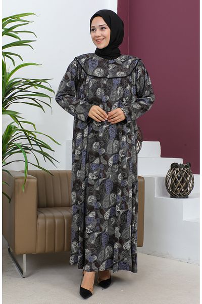sefamerve Βαμβακερό χτενισμένο φόρεμα με σχέδιο Plus Size - 4470-04 Καφέ