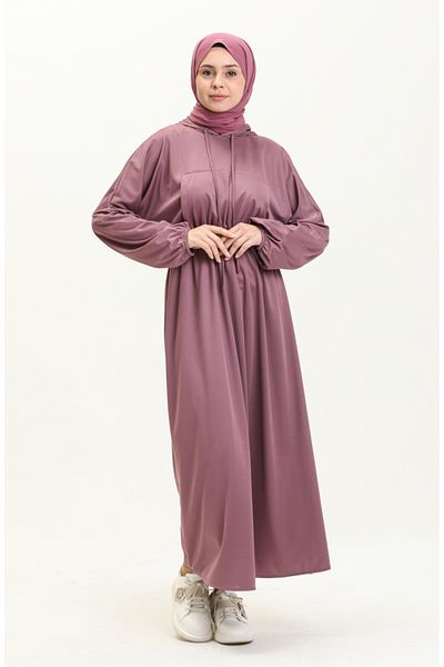 sefamerve Dried Rose Kangaroo Pocket Hooded Dress - 1688-05