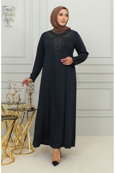 sefamerve Φόρεμα με κέντημα Navy Blue Viscose Plus Size - 4956-02