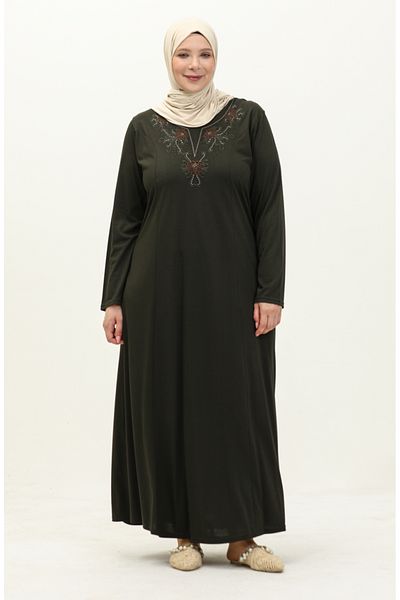 sefamerve Χακί Κεντημένο Φόρεμα Plus Size - 4952-04