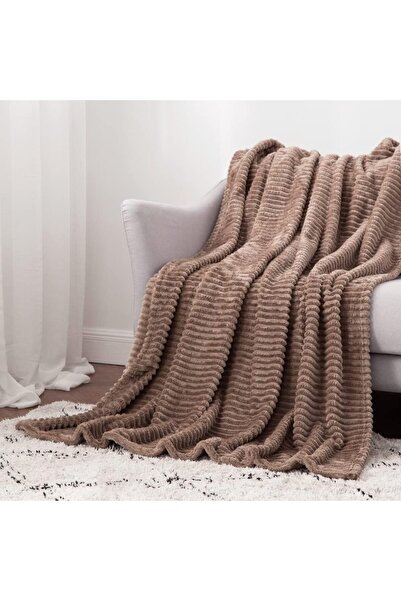 Hülya Home Soft Çizgili Welsoft Yatak Örtüsü/ Battaniye 150x200 KAHVE