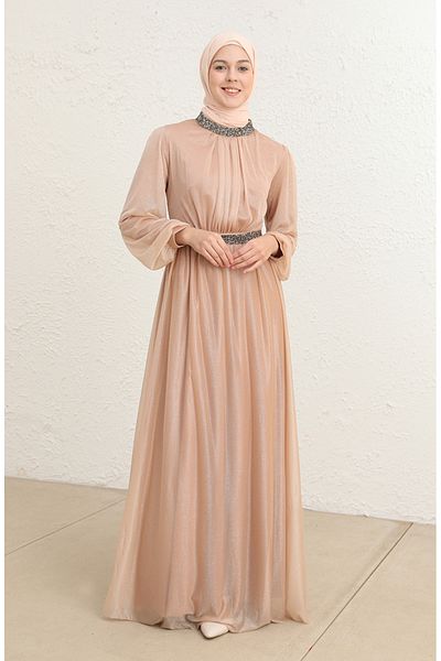 sefamerve Lachsfarbenes Glitzer-Abendkleid mit Gürtel – 5501-26