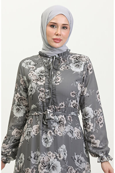 sefamerve Gray Chiffon Dress - Rose Pattern and Belted 81832-06