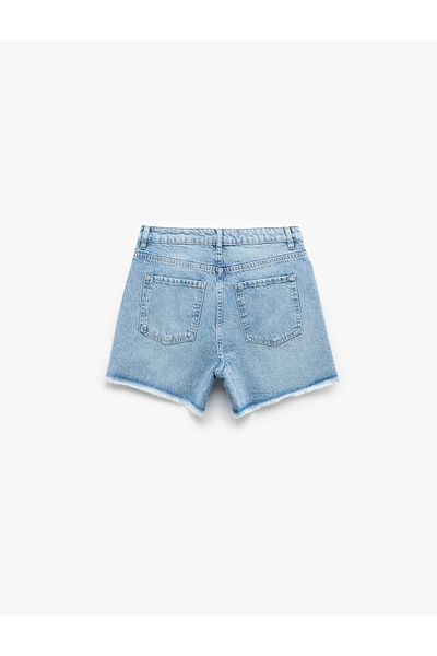 Koton Stone Detailed High Waist Fringed Leg Cotton Mini Denim Shorts