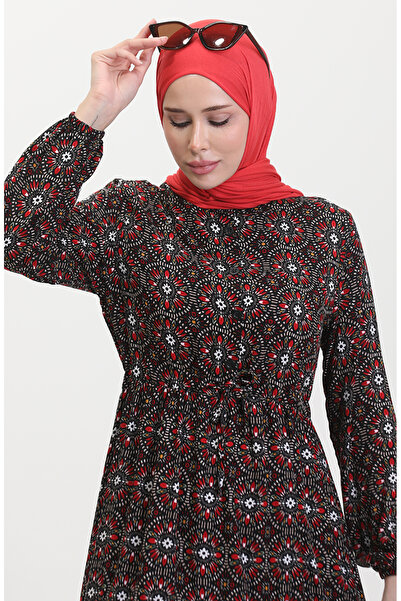 sefamerve Viscose Patterned Black Red Dress - 0441-01 Buttoned