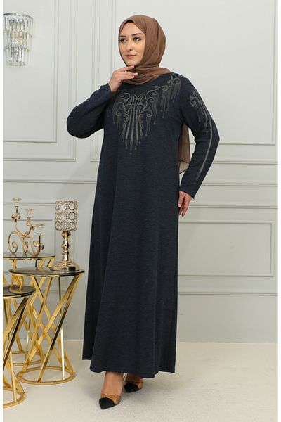 sefamerve Φόρεμα Navy Blue Viscose Embroidered Plus Size - 4958-02