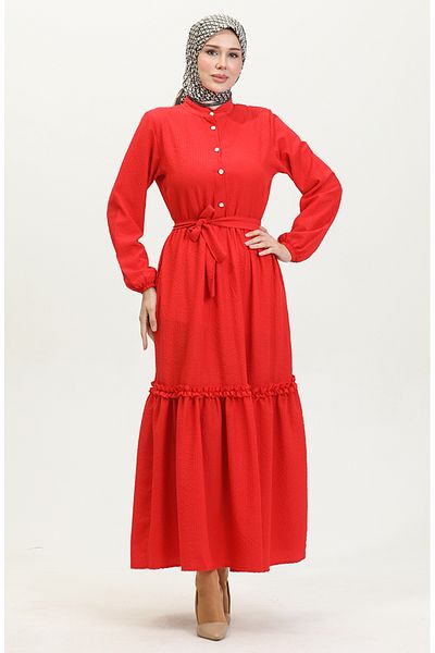 sefamerve Red Belted Ruffle Dress - Half Button 0404-01