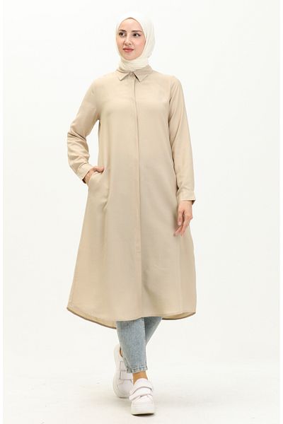 sefamerve Stone Colored Viscose Tunic with Pockets and Hidden Placket - 6435-26