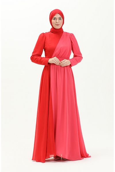 sefamerve Red Coral Colored Chiffon Evening Dress - 5606-02
