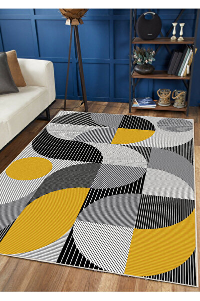Hülya Home Geometrik Desenli Dijital Baskı Yıkanabilir Kaymaz Taban Ince Salo...