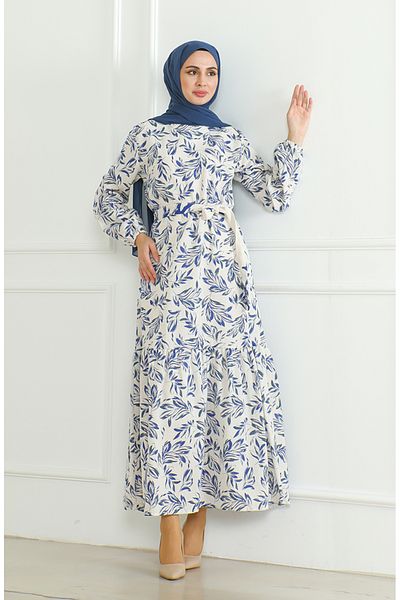 sefamerve Beigefarbenes Saks-Leinenkleid – gemustert und mit Gürtel 0471-04