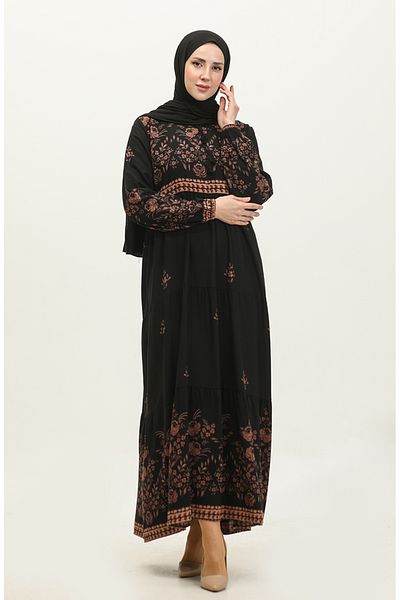 sefamerve Schwarzes Viskose-Kleid mit Blumenmuster in großen Größen - 4084-03