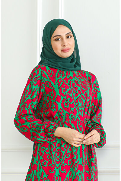 sefamerve Φούξια Πράσινο Φόρεμα Βισκόζης - Με Σχέδιο και Ζώνη 0495-02