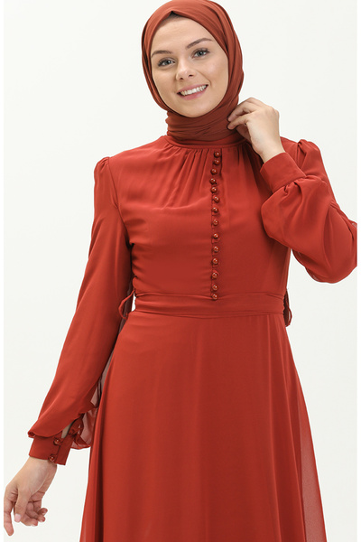 sefamerve Düğme Detaylı Şifon Abiye Elbise 5695-14 Kiremit