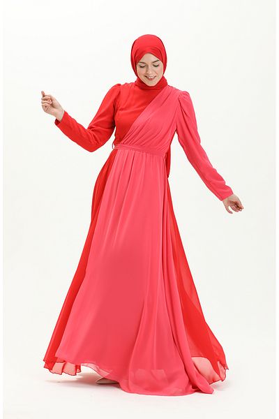 sefamerve Red Coral Colored Chiffon Evening Dress - 5606-02