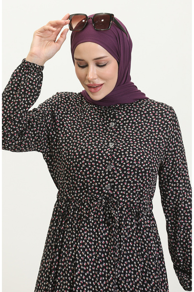 sefamerve Desenli Viskon Elbise 0419-05 Siyah