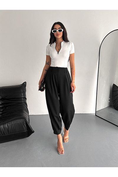 diaves Women's Black Elastic Waist and Leg High Waist Loose Cut Woven Fabric Trousers