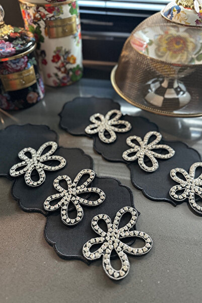 bibashka Siyah üzeri gümüş taşlı peçete tasarım 6lı kokteyl peçete