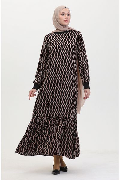 sefamerve Black Beige Patterned Dress - 0456-01