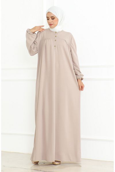 sefamerve Mink Colored Buttoned Dress with Elastic Sleeves - 3031-06
