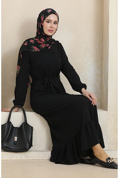 sefamerve Black Belted Elastic Sleeve Dress - 1015-06