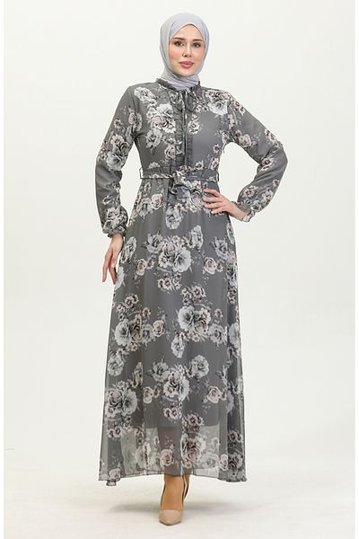 sefamerve Gray Chiffon Dress - Rose Pattern and Belted 81832-06