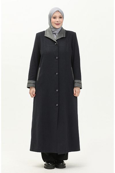sefamerve Παλτό Navy Blue Stamp - Plus Size, Oversize με κουμπιά 0329-04