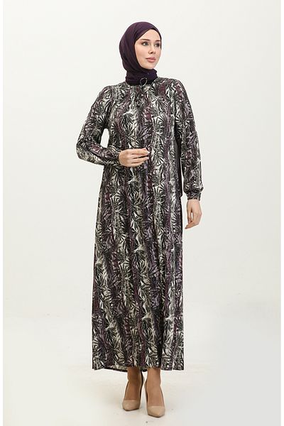 sefamerve Μωβ στάμπα Viscose Plus Size Φόρεμα - 44851F-02
