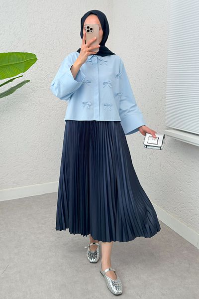 Salih Çelebi Bow Detailed Midi Shirt 2549 - Baby Blue