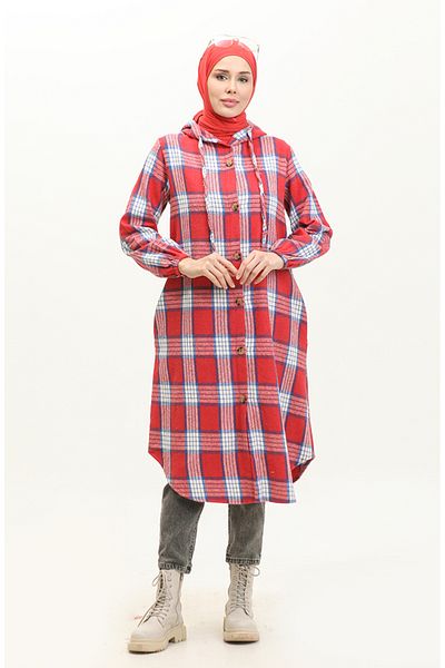sefamerve Plaid Pattern Hooded Cap Nzr001C-06 Red Indigo