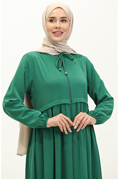 sefamerve Pileli Fermuarlı Ferace 4525-05 Zümrüt Yeşili