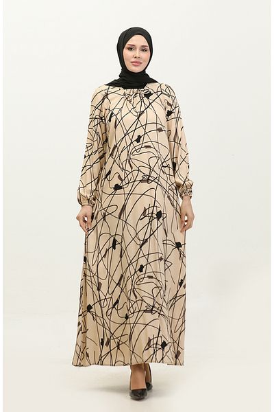 sefamerve Φόρεμα με μπεζ μοτίβο βισκόζης Plus Size - 44851K-01