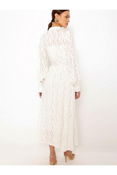 Coral Fabric Belted Patterned Ecru Dress