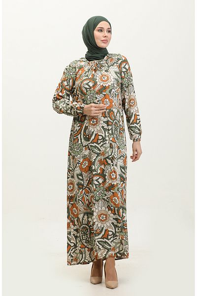 sefamerve Khaki Patterned Viscose Plus Size Dress - 44851E-04