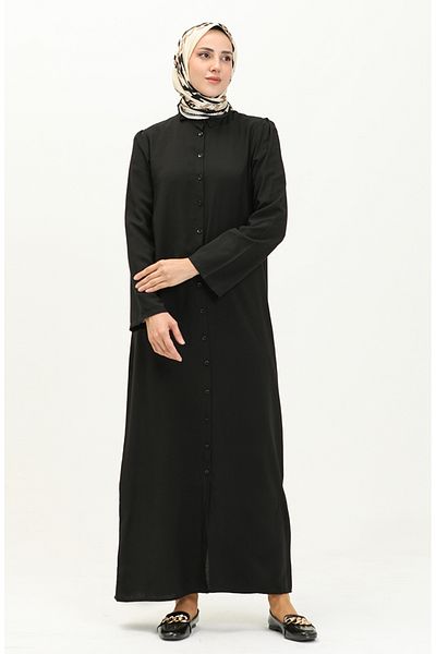 sefamerve Viskose-Kleid mit gerafften Ärmeln und Knöpfen 5109-01 Schwarz