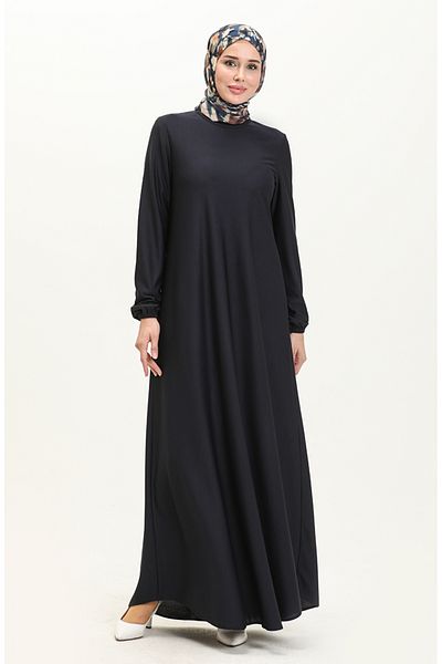 sefamerve Navy Blue Elastic Sleeve Dress - 7777-07