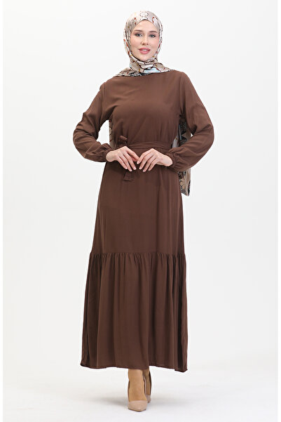 sefamerve Καφέ Φόρεμα με Ζώνη - 0512-06 Μοντέλο