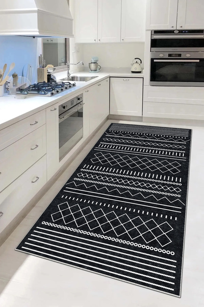 Hülya Home Mutfak Halısı Geometrik İskandinav Eskitmeli Dijital Baskı Yıkanab...