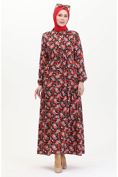 sefamerve Red Black Patterned Viscose Dress - Lace up Waist 0488-01