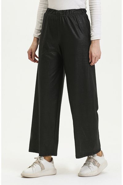 sefamerve Black FlockeD Leather Trousers - Flowy, Elastic Waist, WiDe Leg 8728-01
