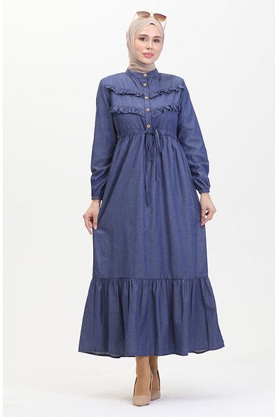 sefamerve Navy Blue Denim Dress - Front Ruffle, Model 0486-02