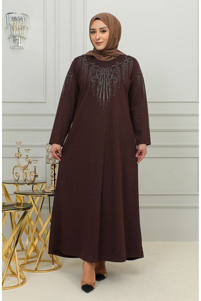 sefamerve Φόρεμα Viscose Plus Size με Λεπτομέρεια Κεντήματος - 4958-05 Καφέ