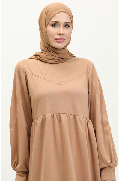 sefamerve Φόρεμα Milk Brown ίσιο - Πλισέ μέση, Μοντέλο 0281-05