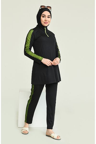 sefamerve Schwarz-grüner Mesh-Hijab-Badeanzug – 2207-01